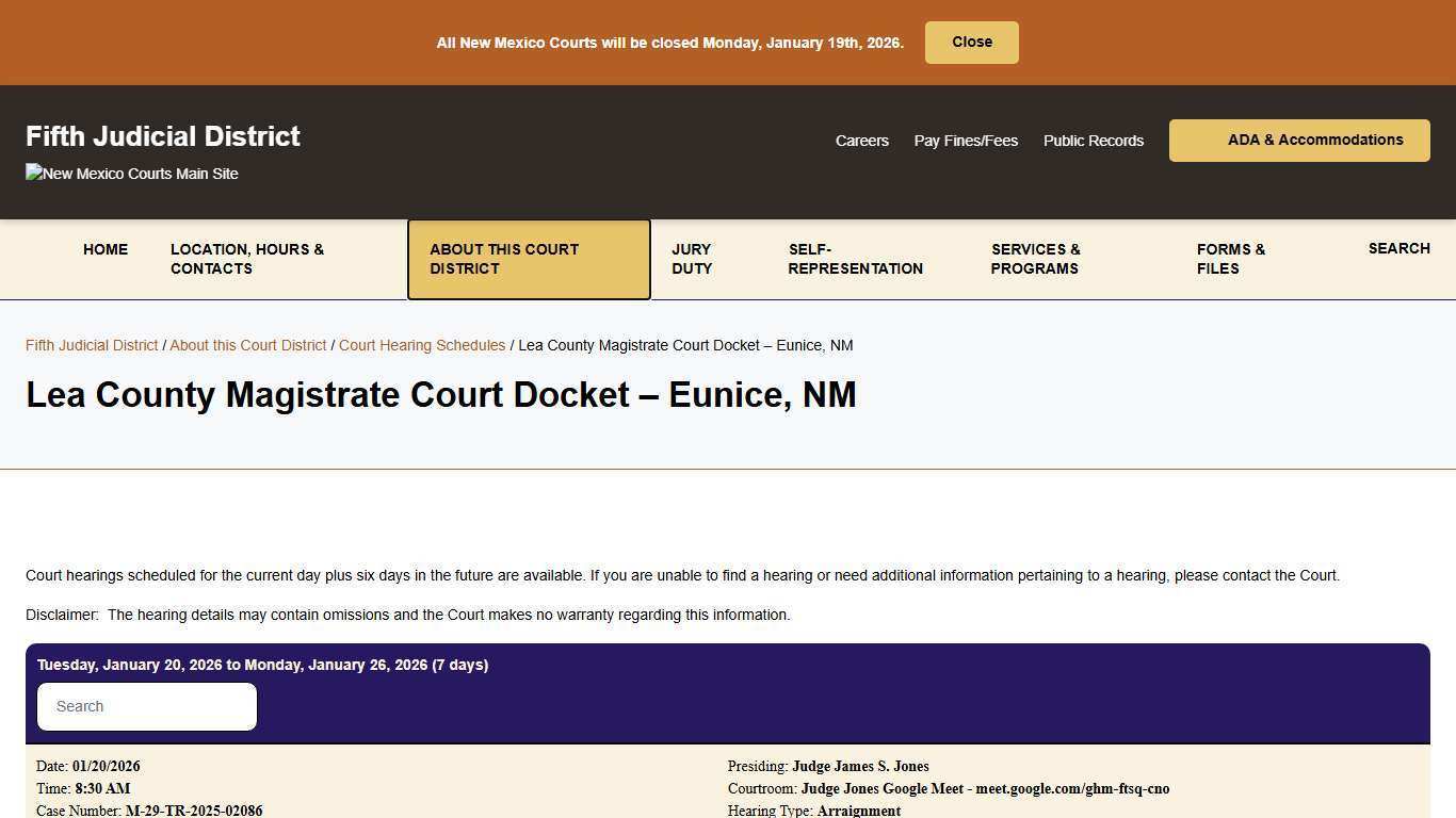Lea County Magistrate Court Docket - Eunice, NM - Fifth Judicial District